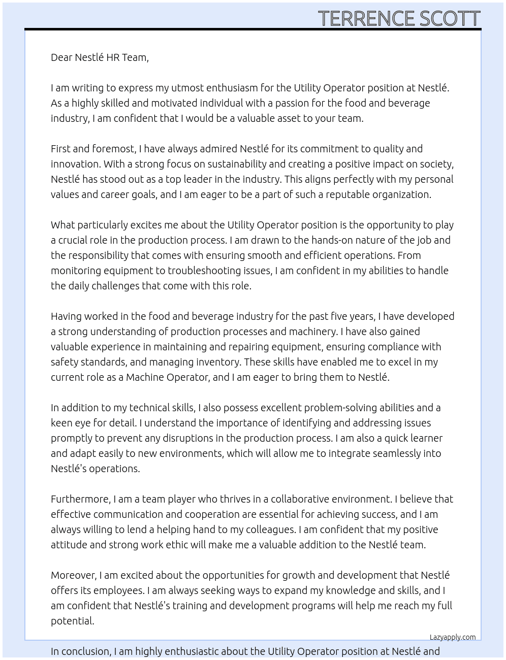 Utility Operator At Nestlé Cover Letter