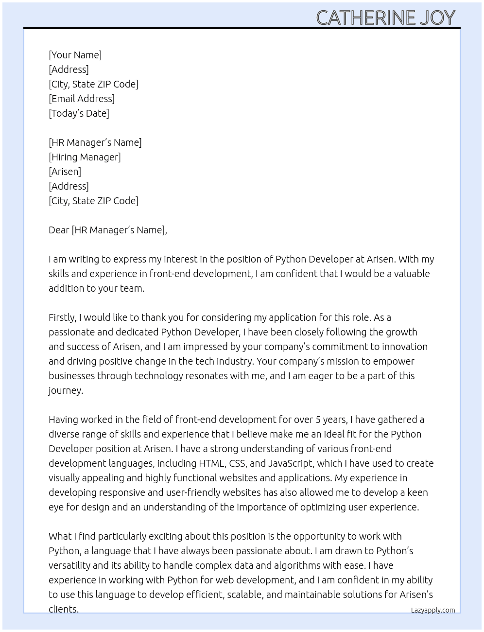 Python Developer  At Arisen Cover Letter