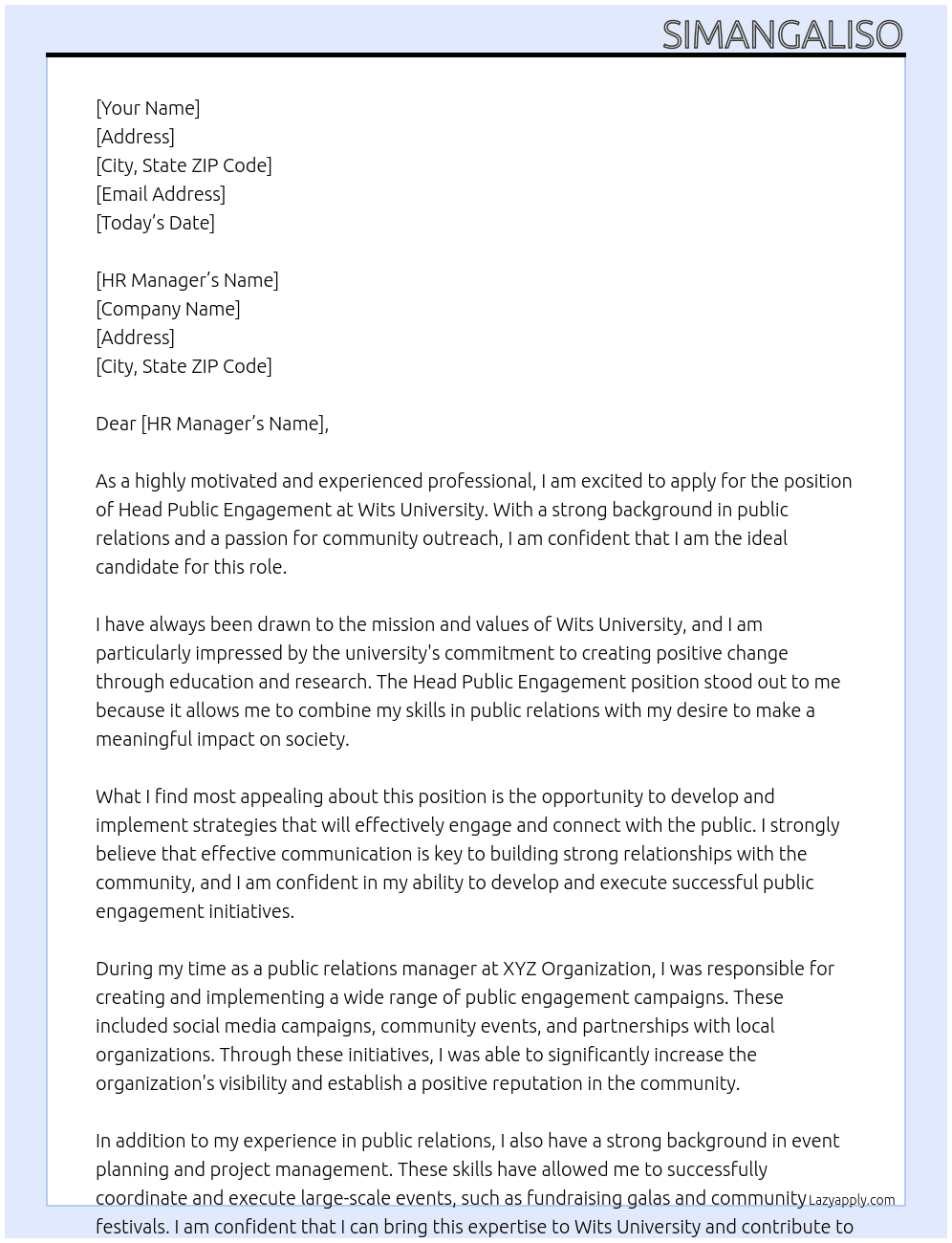 Head Public Engagement At Wits University Cover Letter