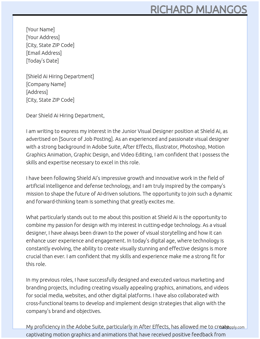 Junior Visual Designer At Shield Ai Cover Letter