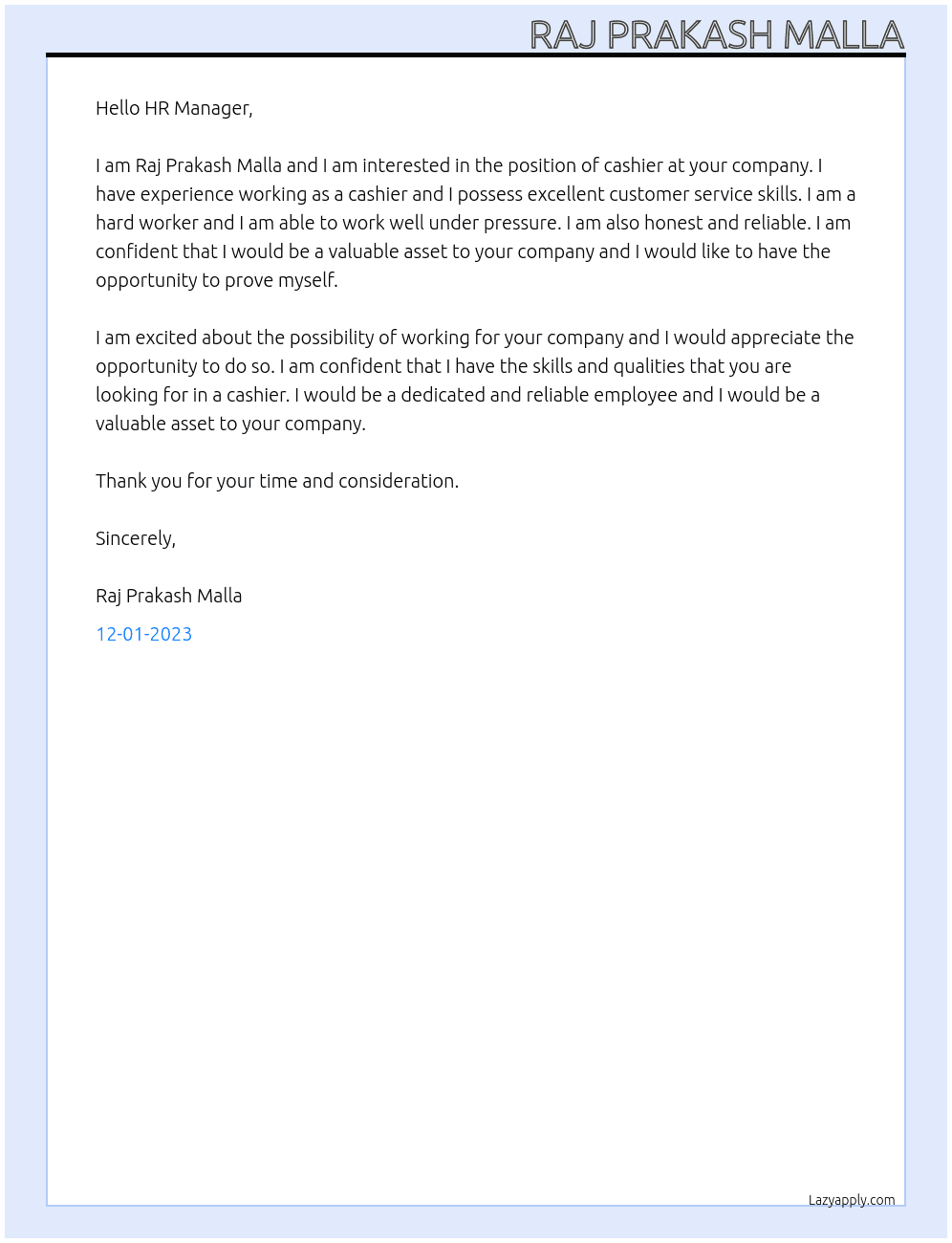 cashier At xyz company Cover Letter