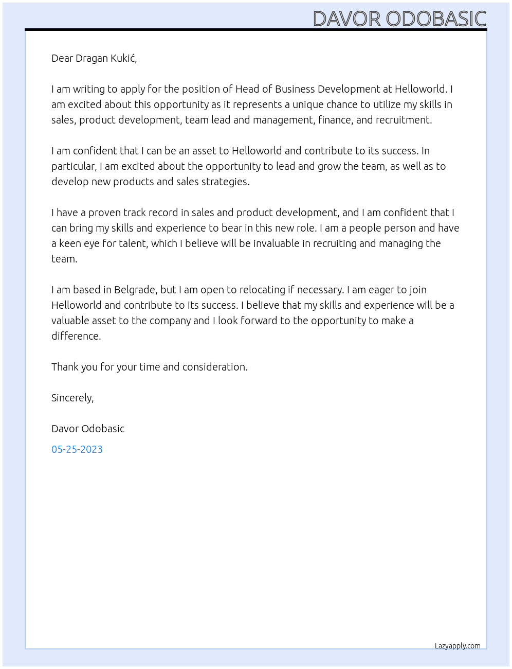 Head Of Business Development  At Helloworld Cover Letter