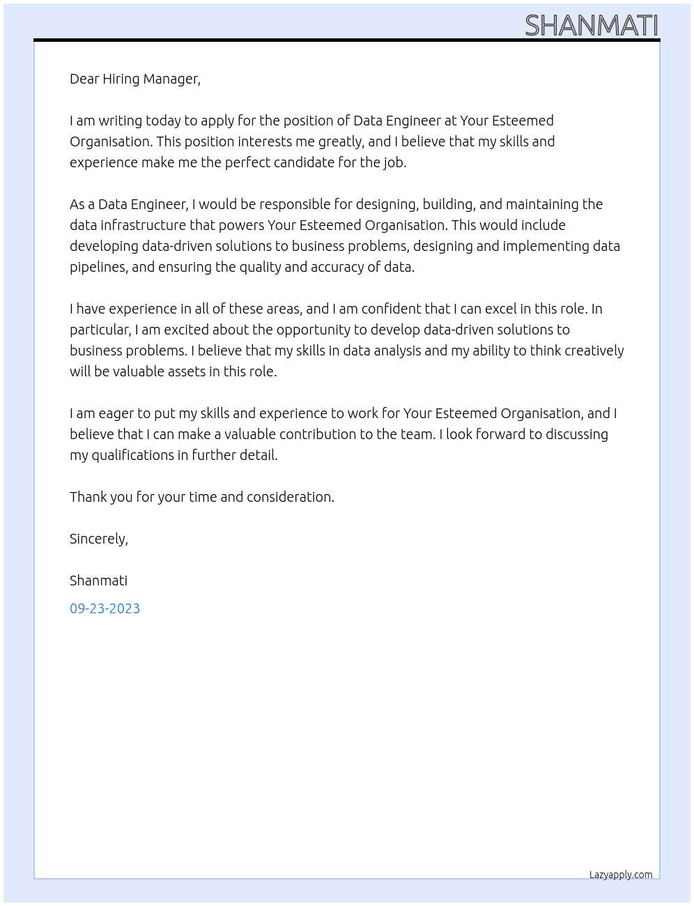 Data Engineer At Your Esteemed Organisation Cover Letter