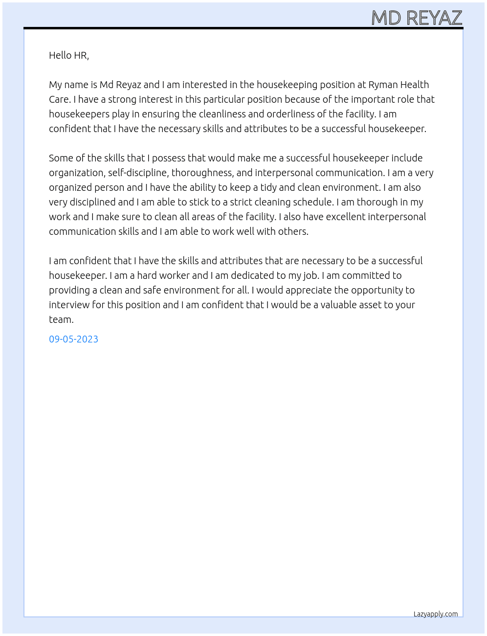 Housekeeper At Ryman Health Care  Cover Letter
