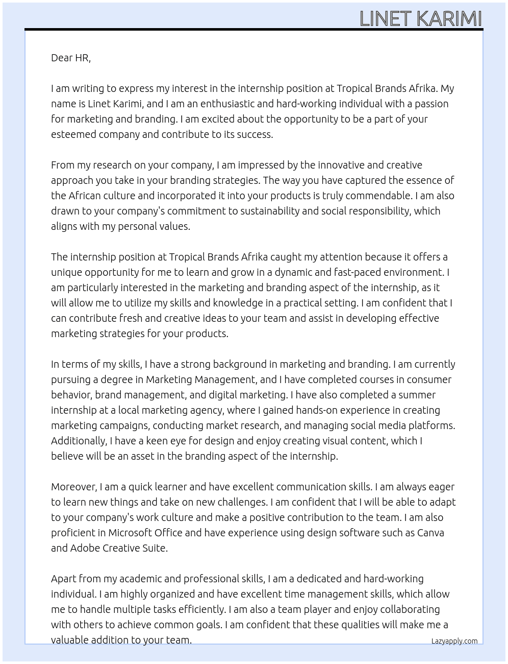 internship At Tropical brands afrika Cover Letter