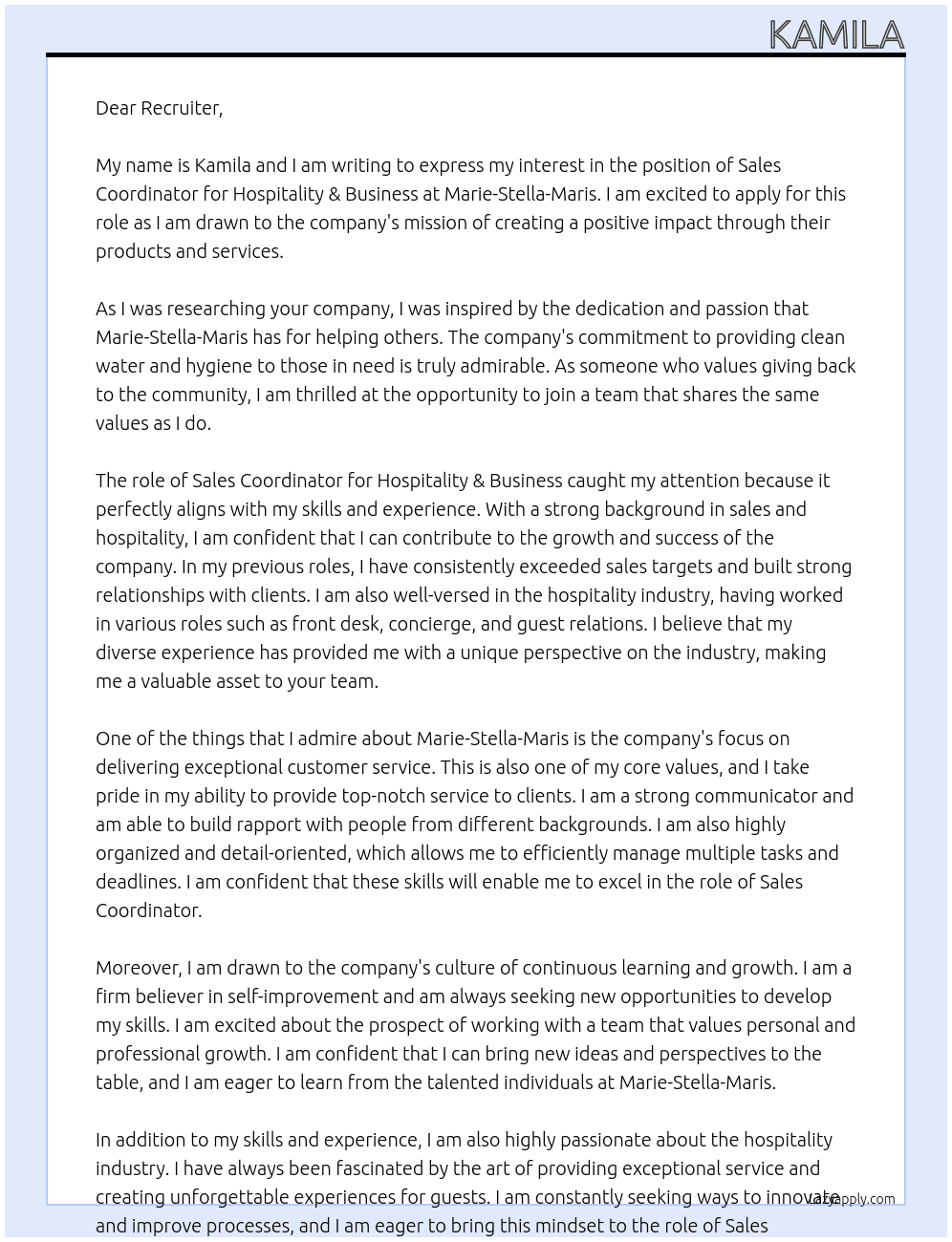 Sales Coordinator Hospitality & Business At Marie-Stella-Maris Cover Letter
