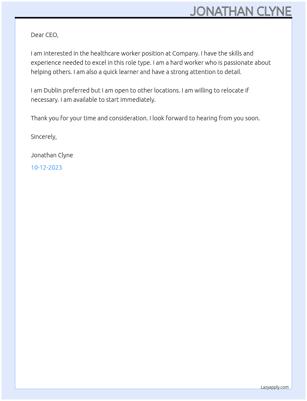 Healthcare worker At Company Cover Letter