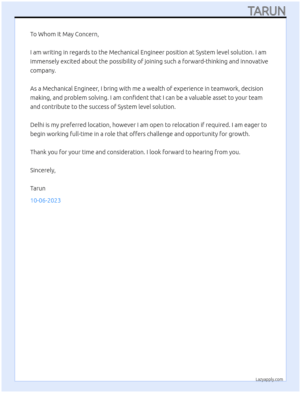Mechanical engineering  At System level solution  Cover Letter