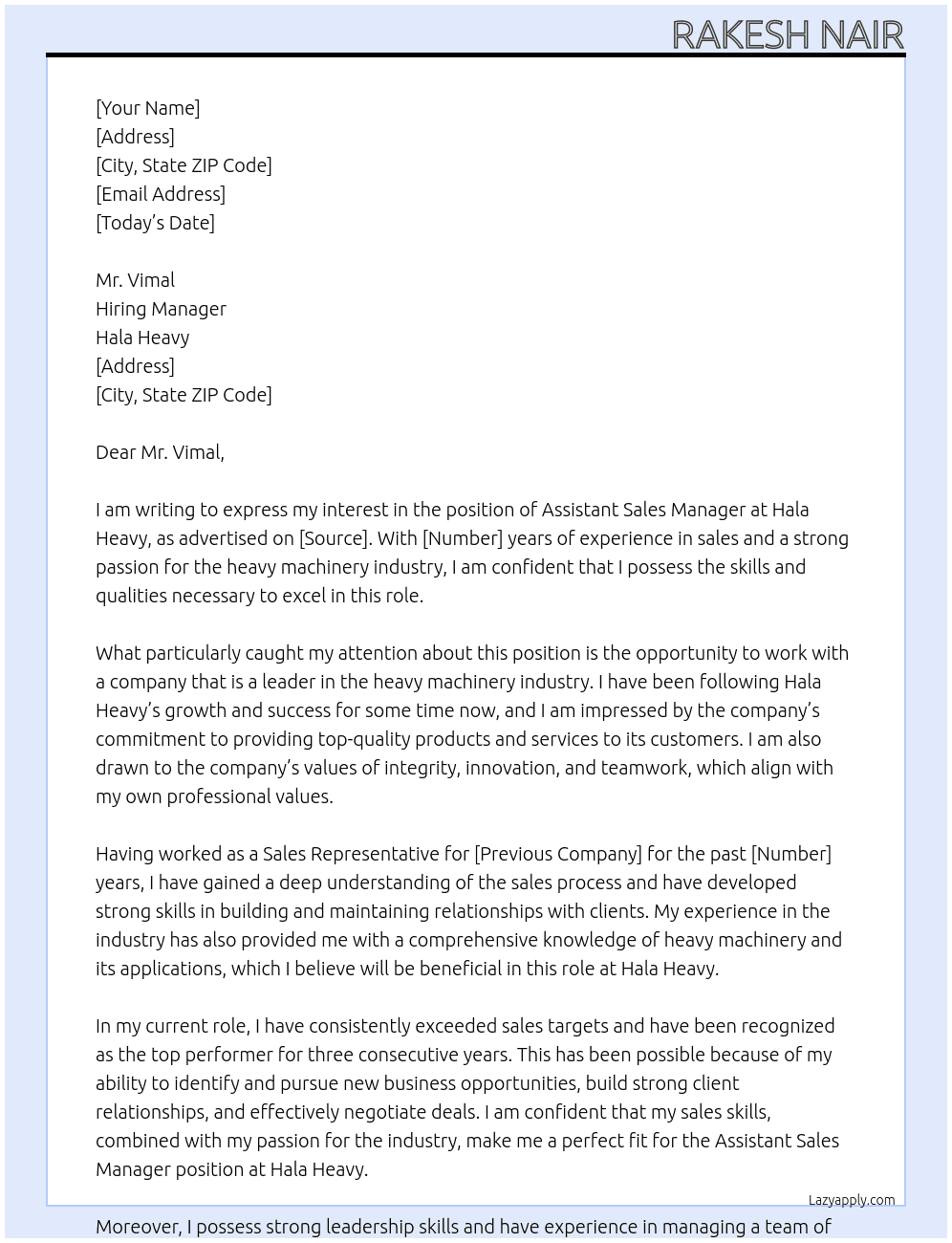 assistant sales manager At Hala Heavy Cover Letter