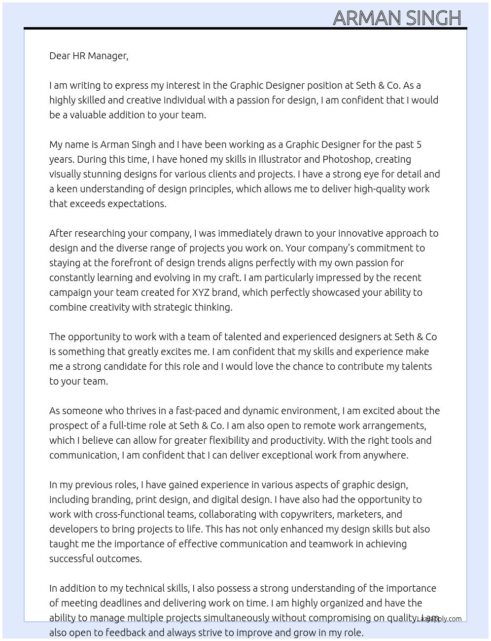 Graphic designer  At Seth & co Cover Letter