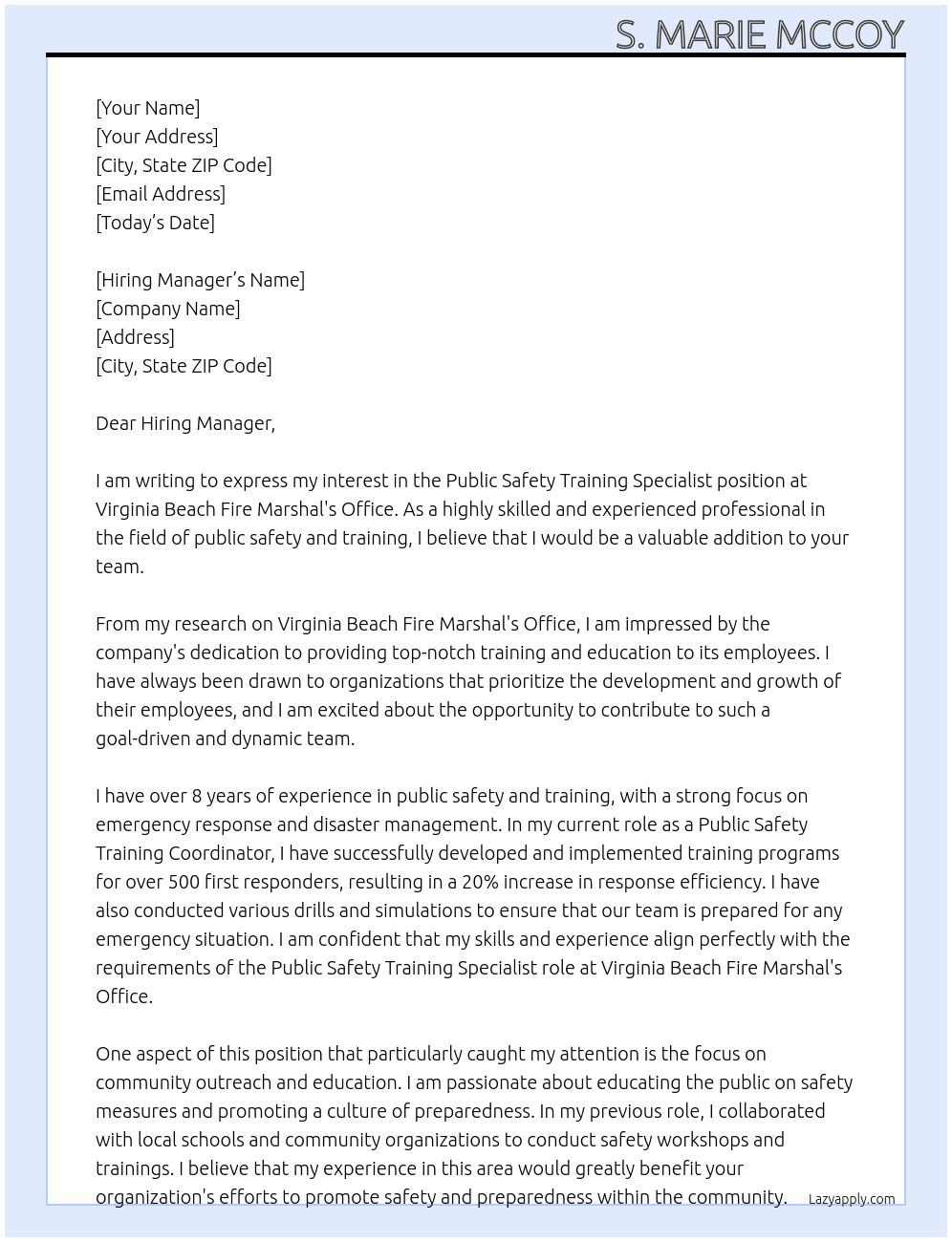Public Safety Training Specialist At Virginia Beach Fire Marshal's Office Cover Letter