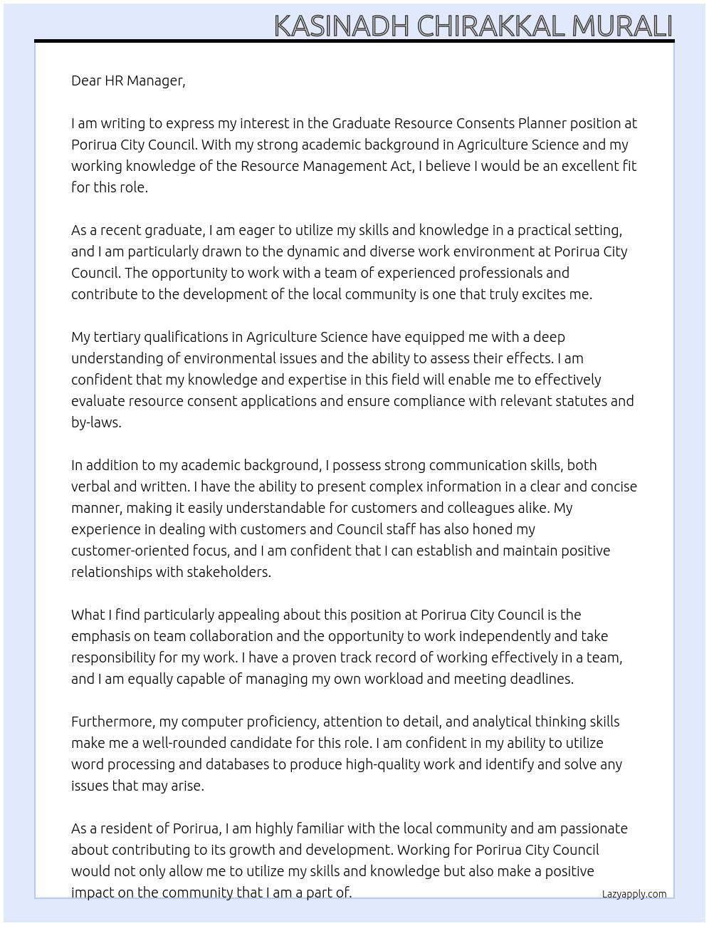 Graduate Resource Consents Planner At Porirua City Council Cover Letter