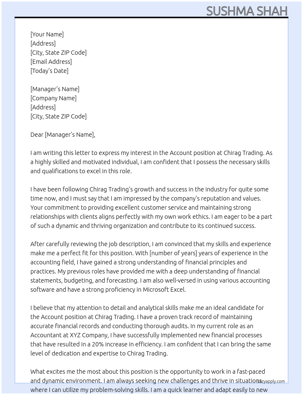 account At Chirag Trading Cover Letter