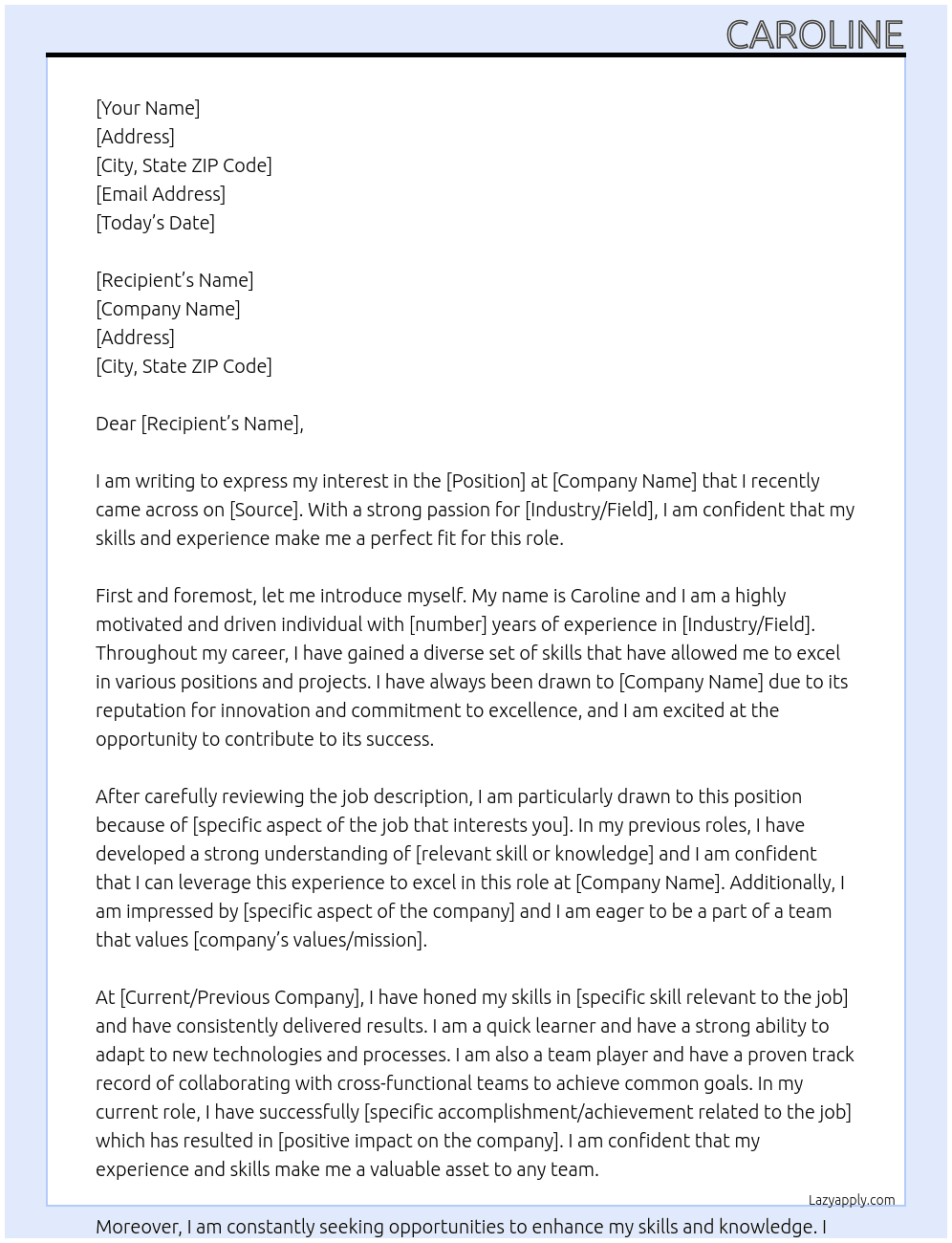 any job  At company Cover Letter
