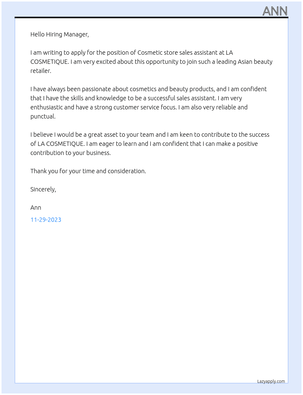 Cosmetic store sales assistant  At LA COSMETIQUE Cover Letter