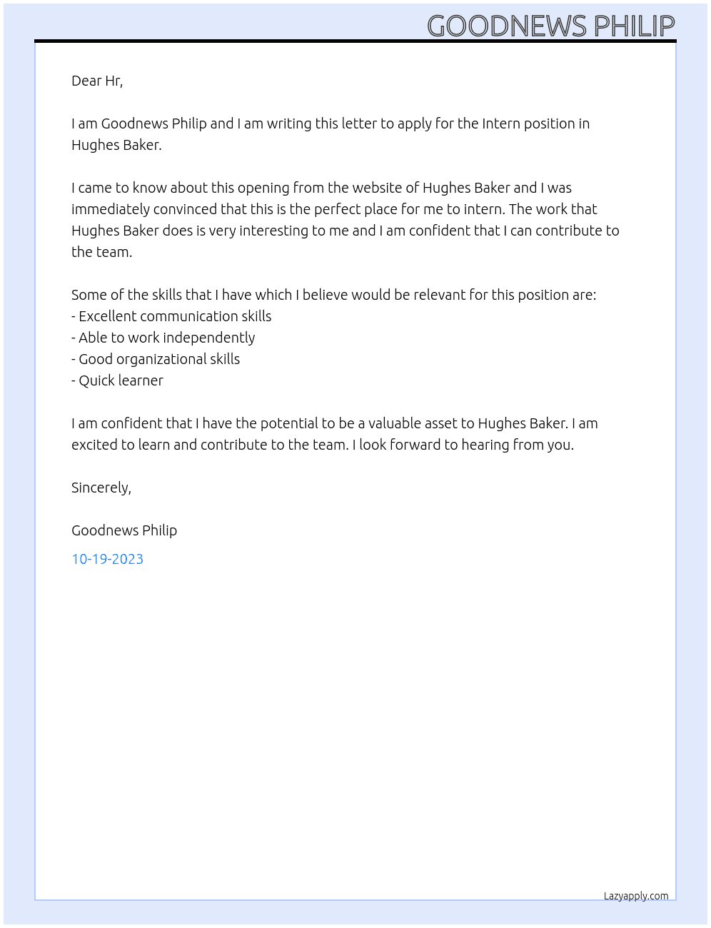 Intern At Hughes Baker  Cover Letter