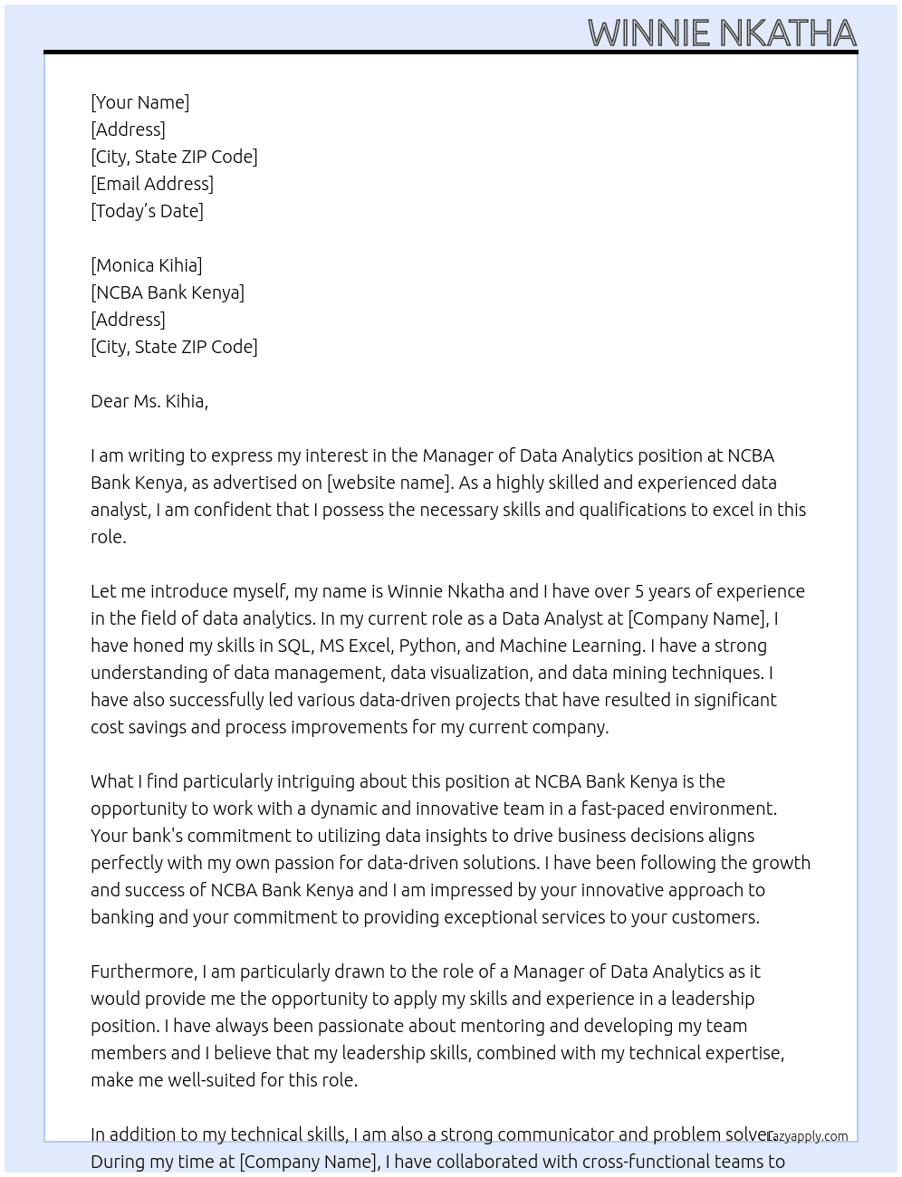 Manager data analytics  At NCBA bank kenya Cover Letter