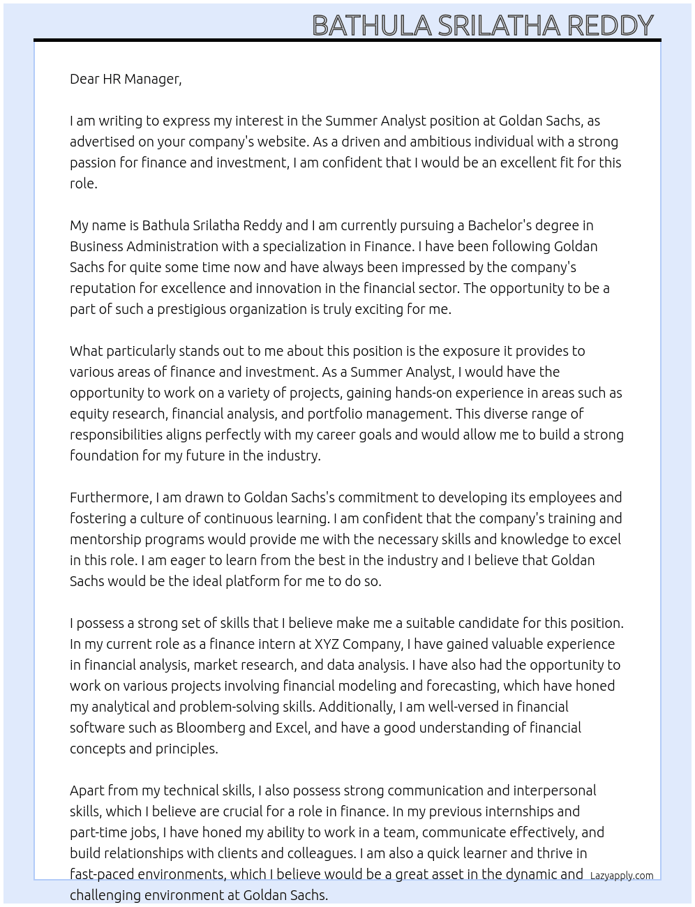 Summer Analyst At At Goldan Sachs Cover Letter
