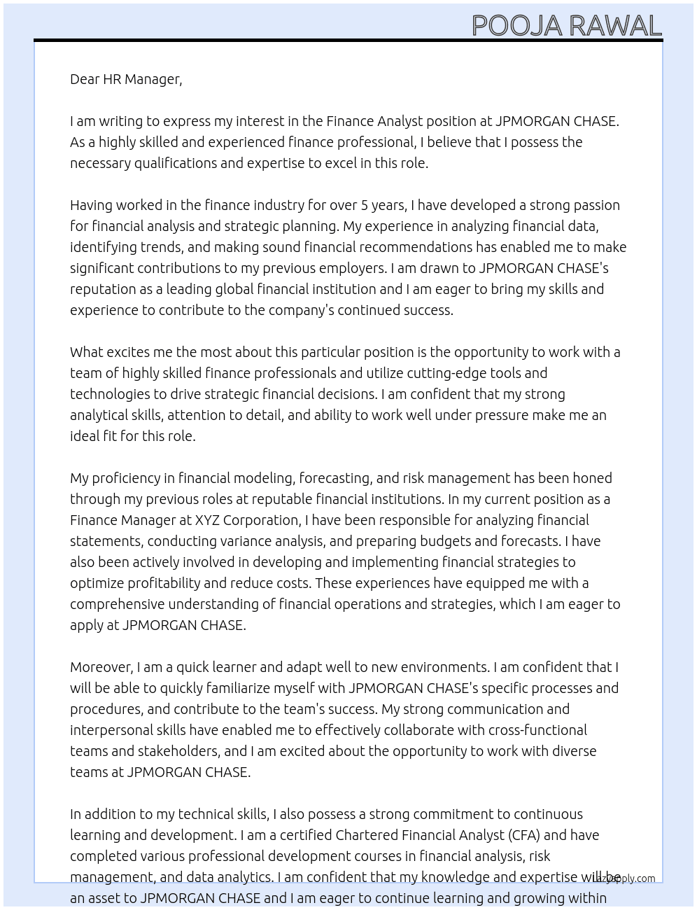 Finance ANALYST At JPMORGAN CHASE Cover Letter