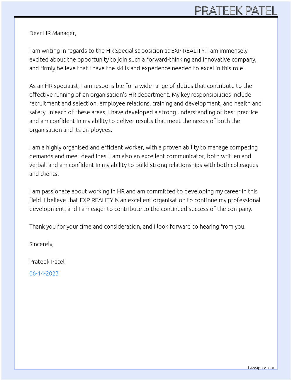HR specialist  At EXP REALITY  Cover Letter