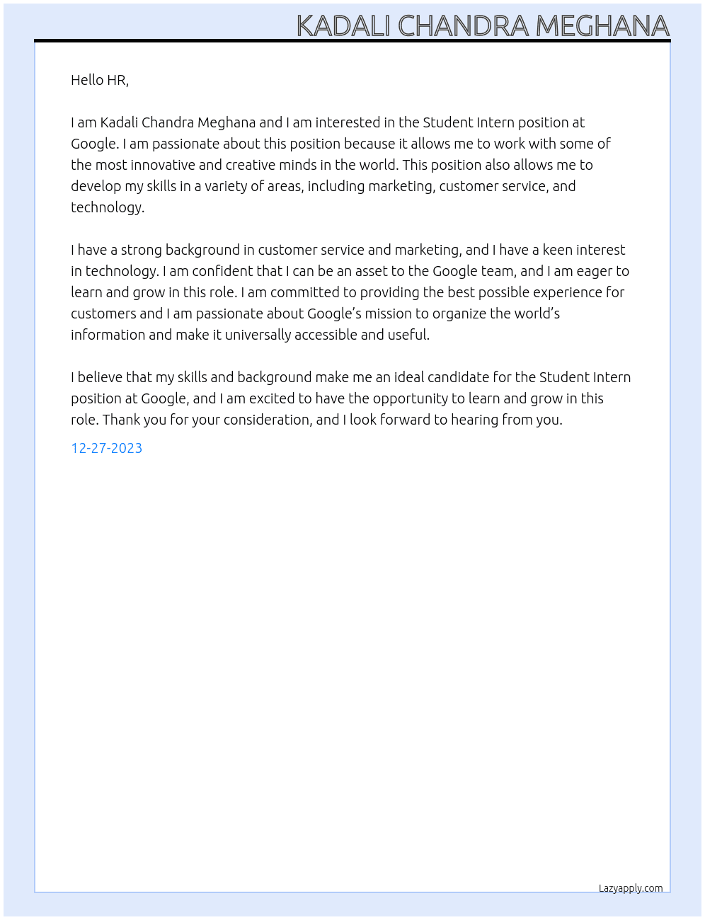 Student Intern At google Cover Letter