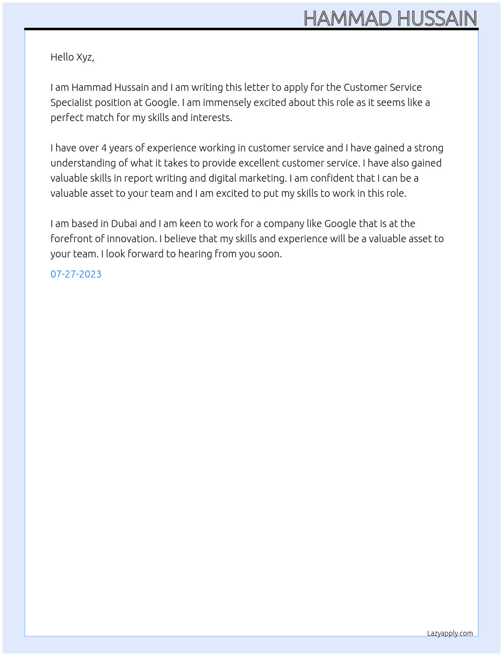 Customer Service Specialist At Google Cover Letter