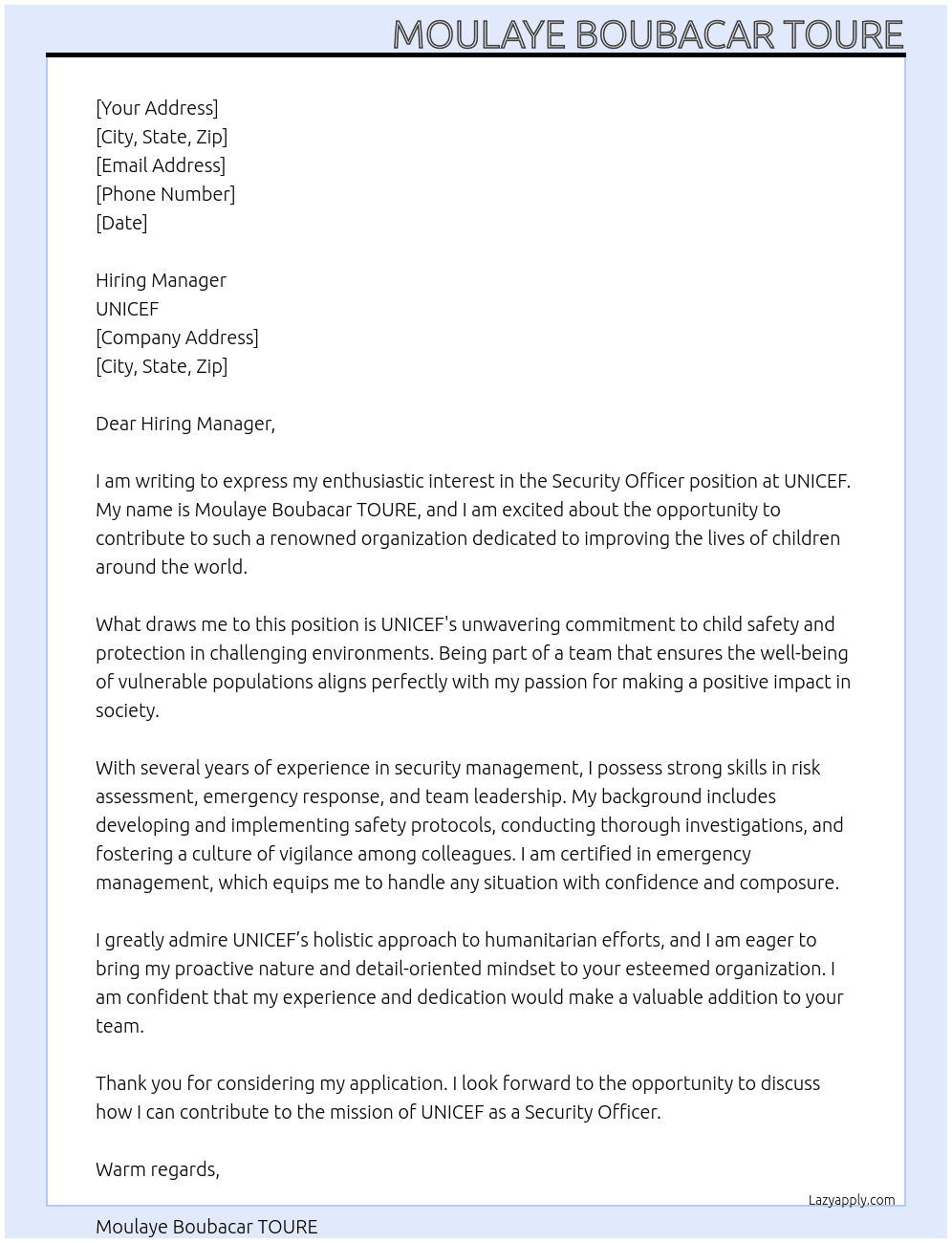 Security Officer At UNICEF Cover Letter