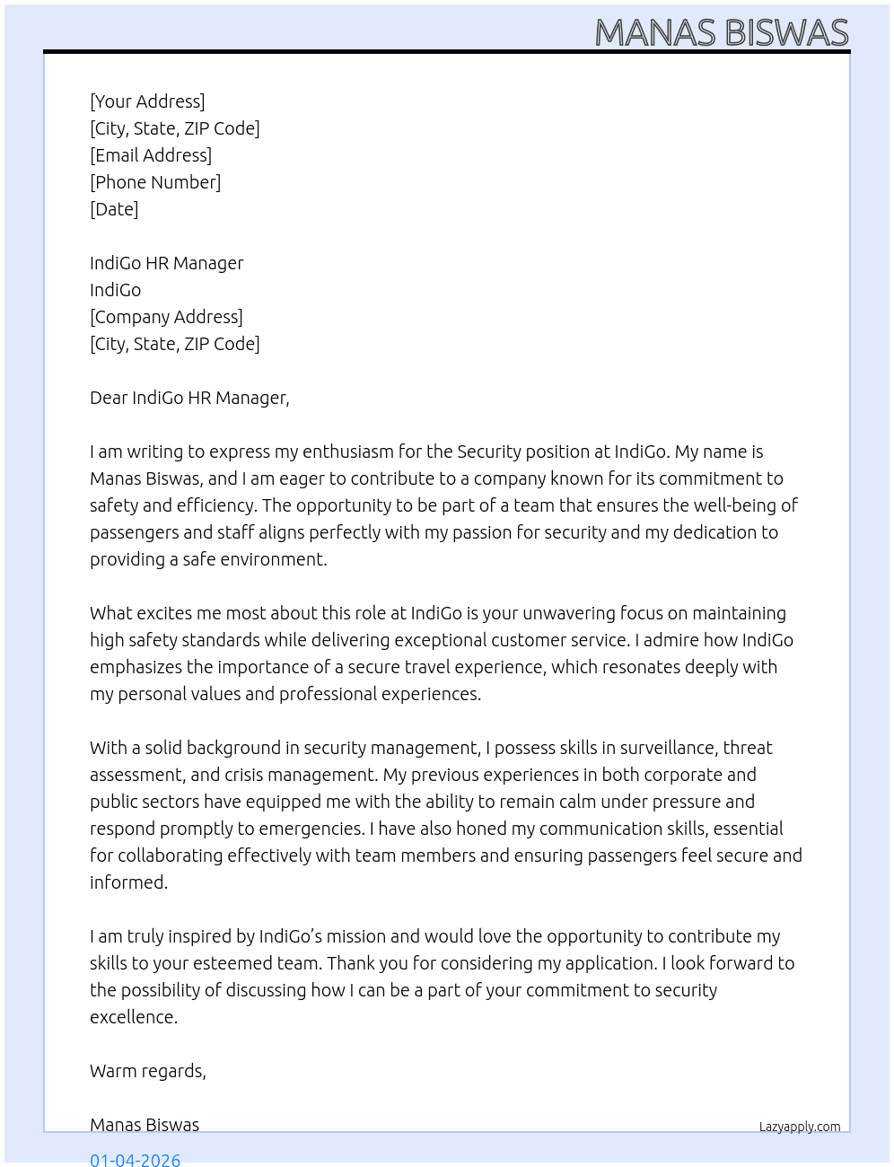  security  At IndiGo  Cover Letter
