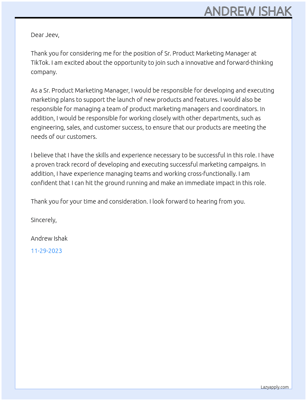 Sr. Product Marketing Manager At TikTok Cover Letter