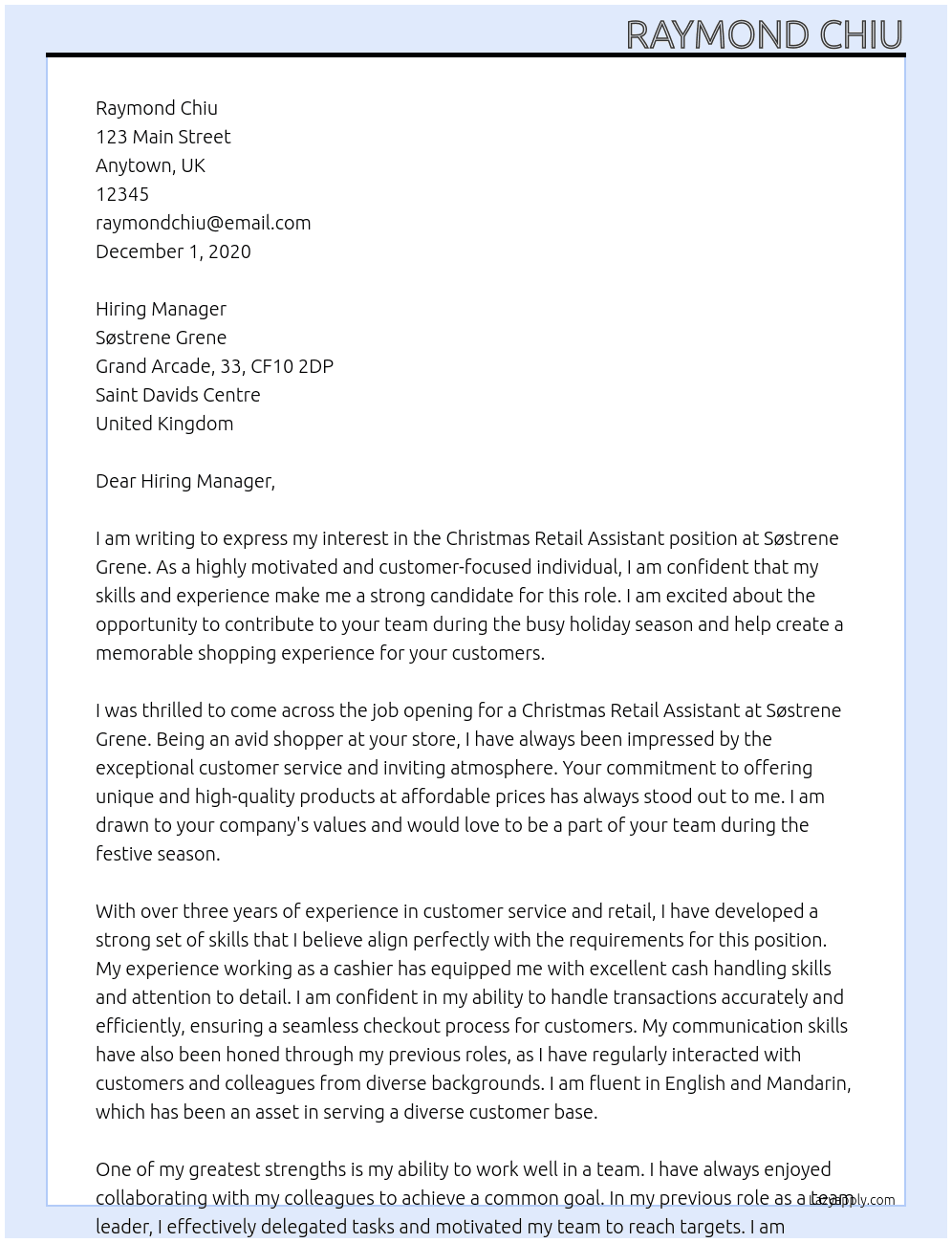 Christmas Retail Assistant At Søstrene Grene Cover Letter