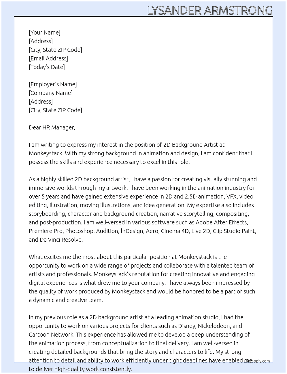 2D background artist At Monkeystack Cover Letter