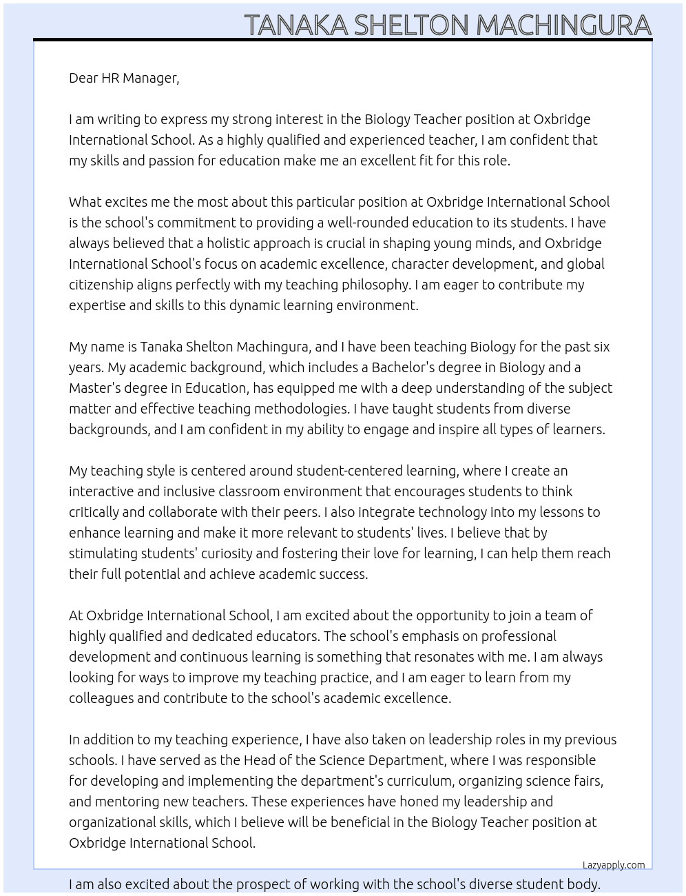 Biology Teacher At Oxbridge International School Cover Letter