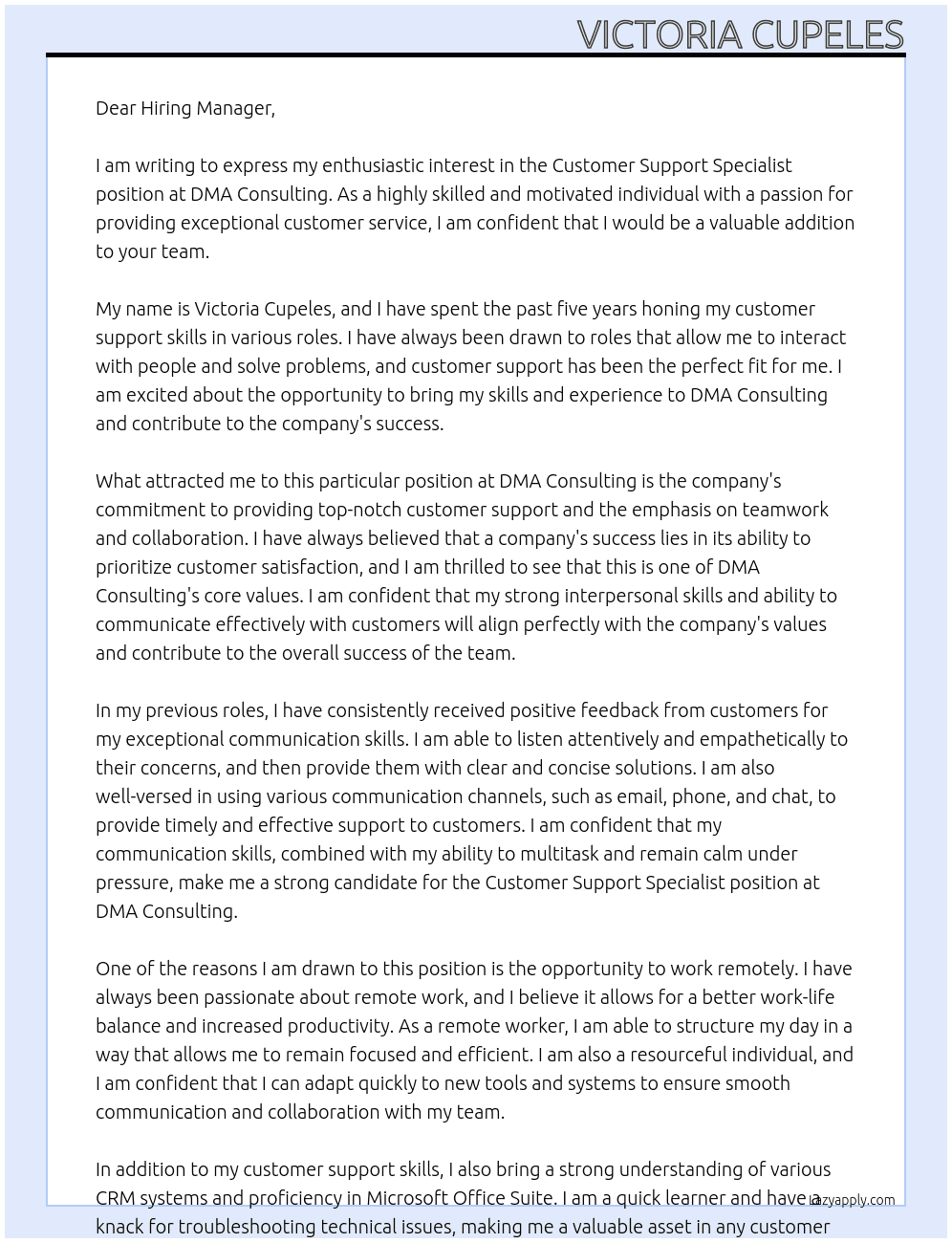 Customer support specialist  At DMA Consulting  Cover Letter