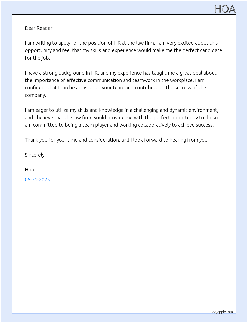 HR At law firm Cover Letter