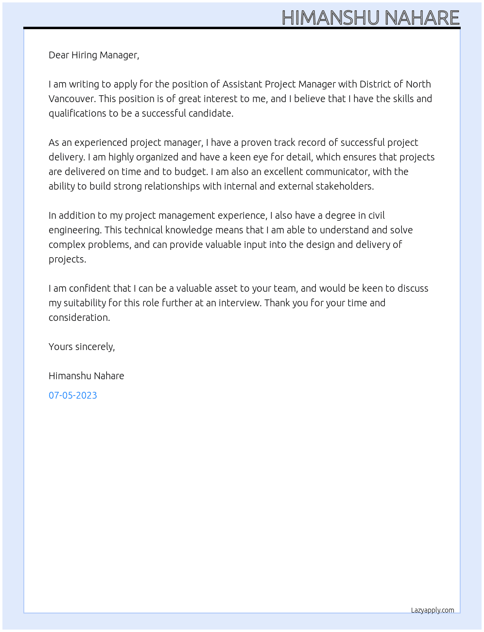 Assistant Project Manager At District of North Vancouver Cover Letter
