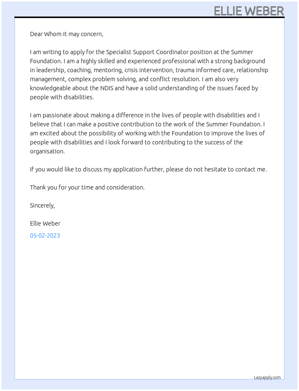 Specialist Support Coordinator At Summer Foundation Cover Letter