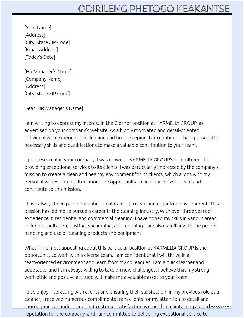 Cleaner At KARMELIA GROUP Cover Letter