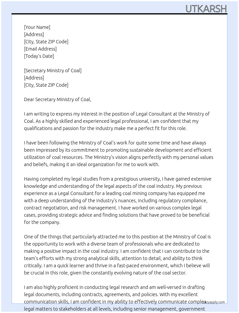 Legal consultant  At Ministry of Coal Cover Letter