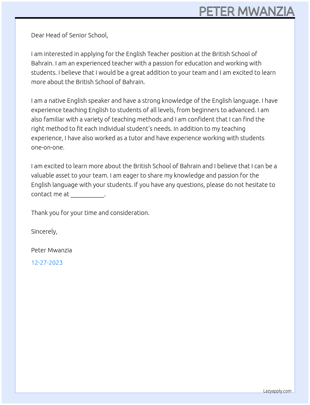 English Teacher At British School of Bahrain Cover Letter