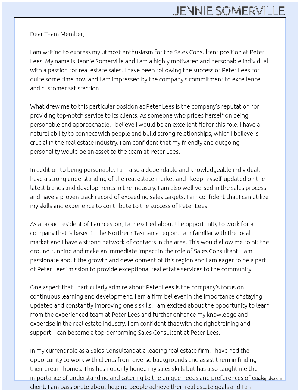 Sales Consultant  At Peter Lees  Cover Letter