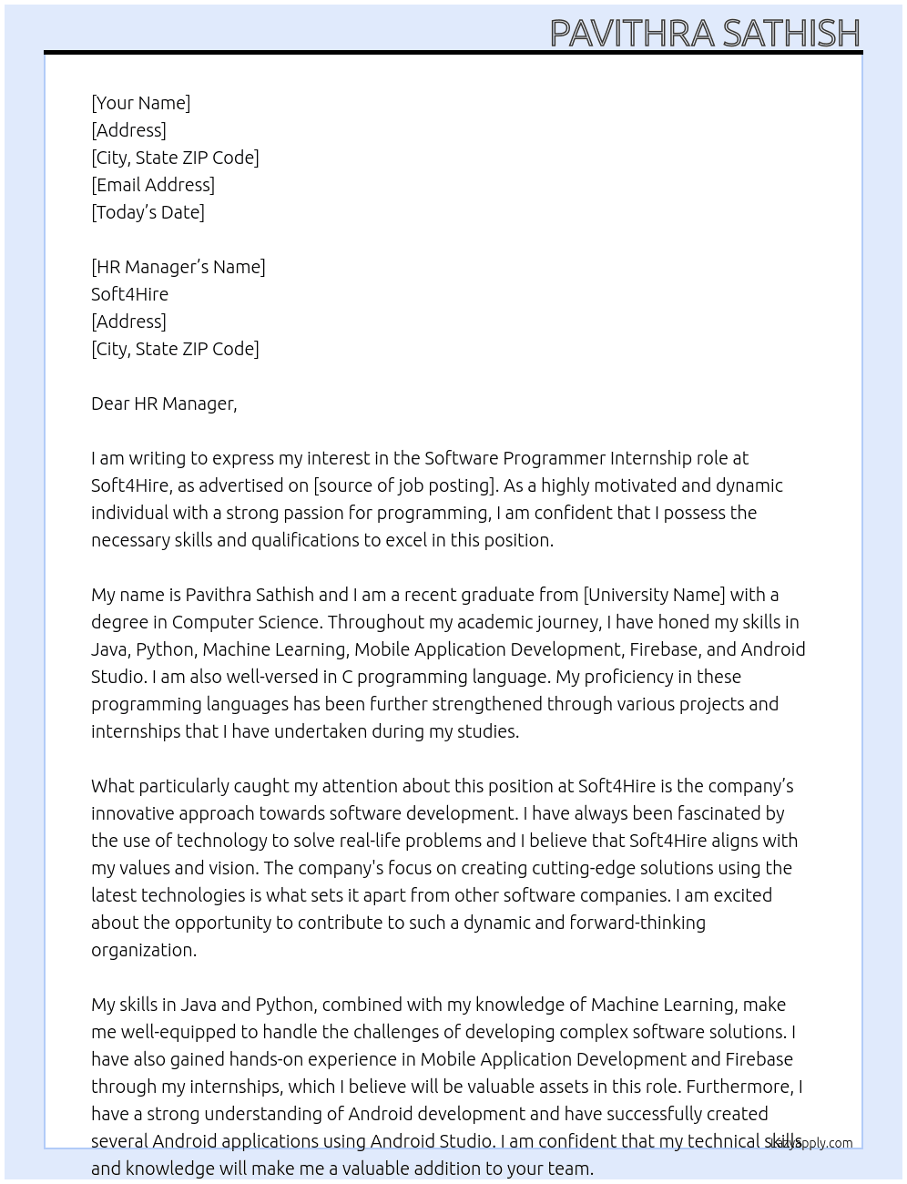 Software Programmer At Soft4Hire Cover Letter