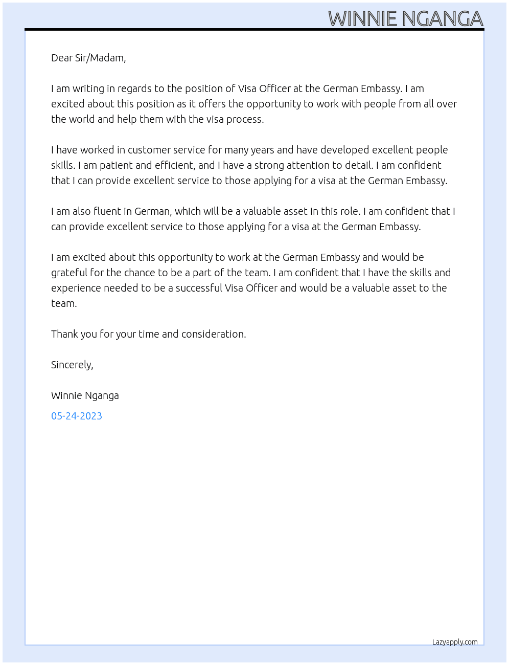 Visa Officer At German Embassy Cover Letter