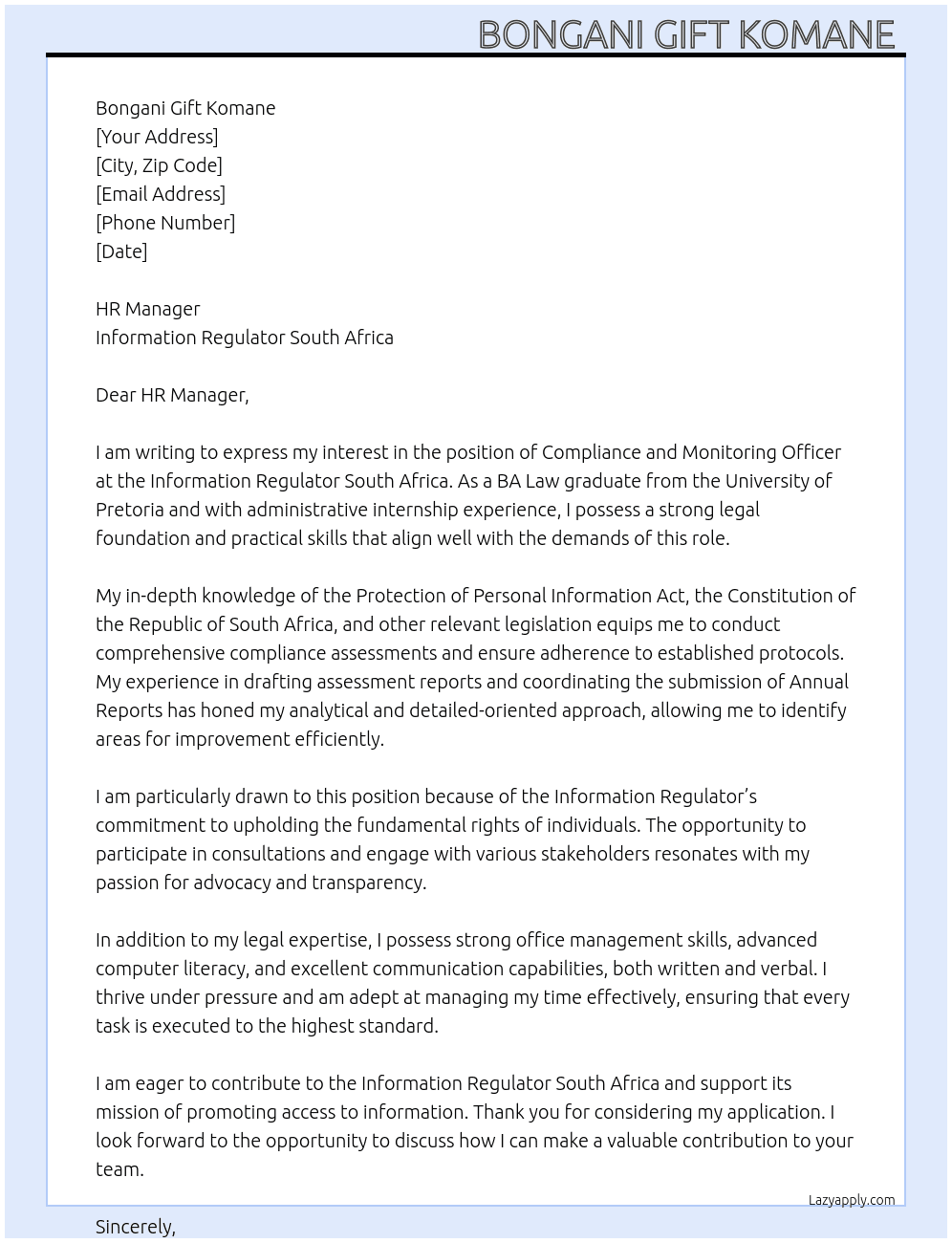 Compliance and monitoring officer  At Information Regulator South Africa  Cover Letter