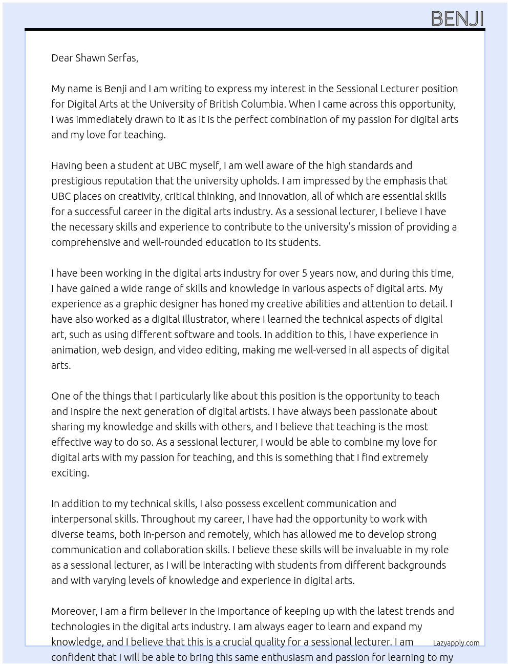 Sessional Lecturer - Digital Arts At University of British Columbia Cover Letter