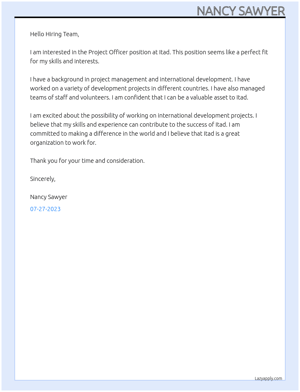 Project Officer At Itad Cover Letter