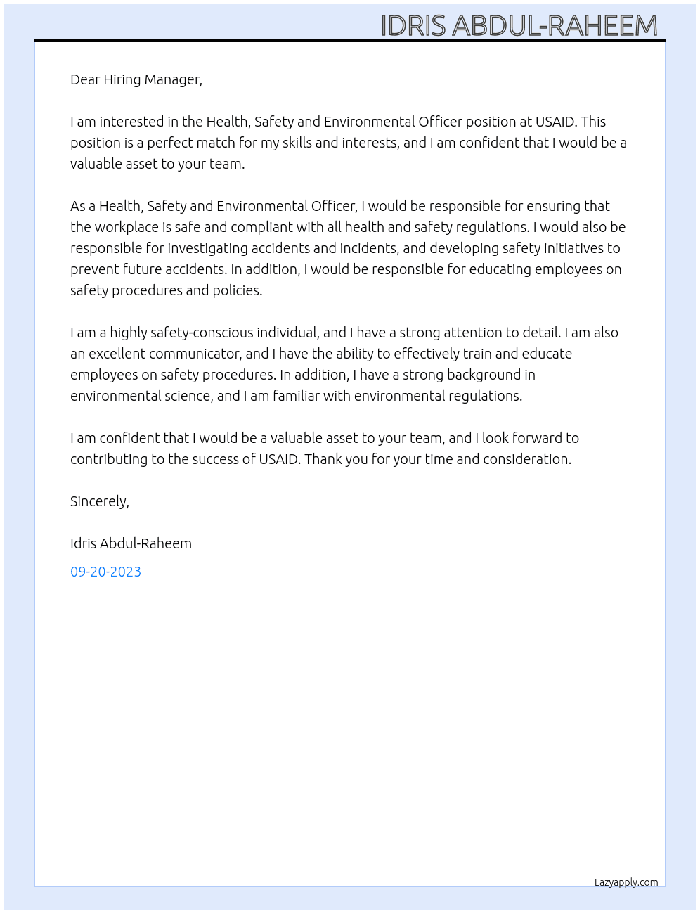 Health, Safety and Environmental Officer  At USAID  Cover Letter