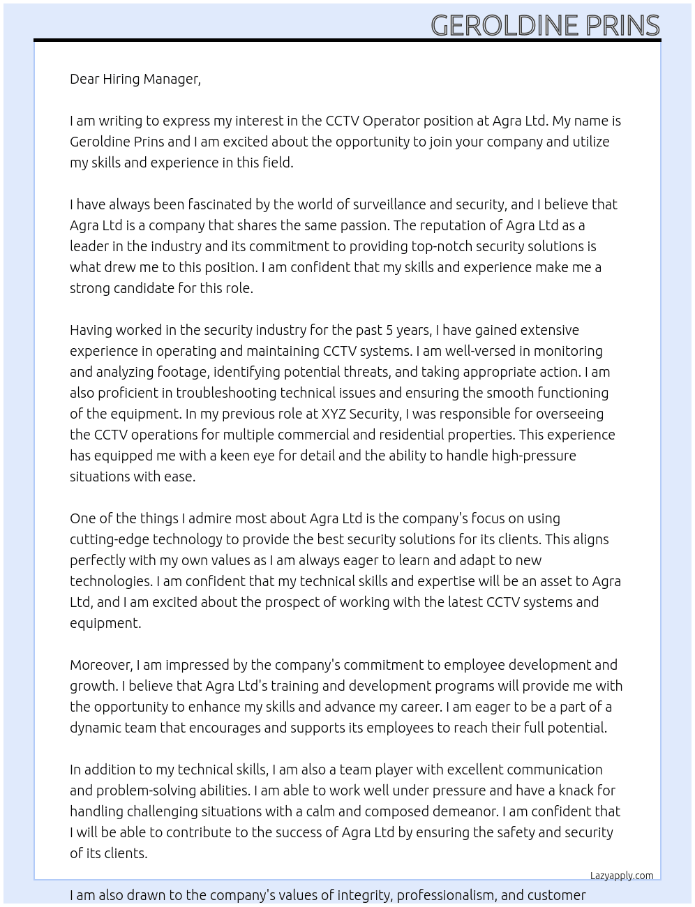 CCTV Operator At Agra Ltd Cover Letter