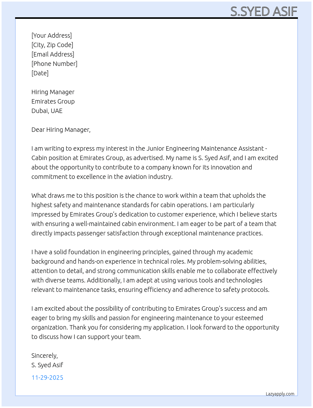 Cover letter for junior engineering maintenance assistant - cabin - LazyApply