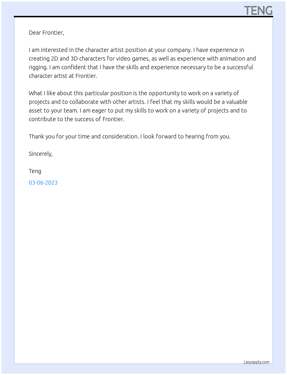 Character Artist At Frontier Cover Letter