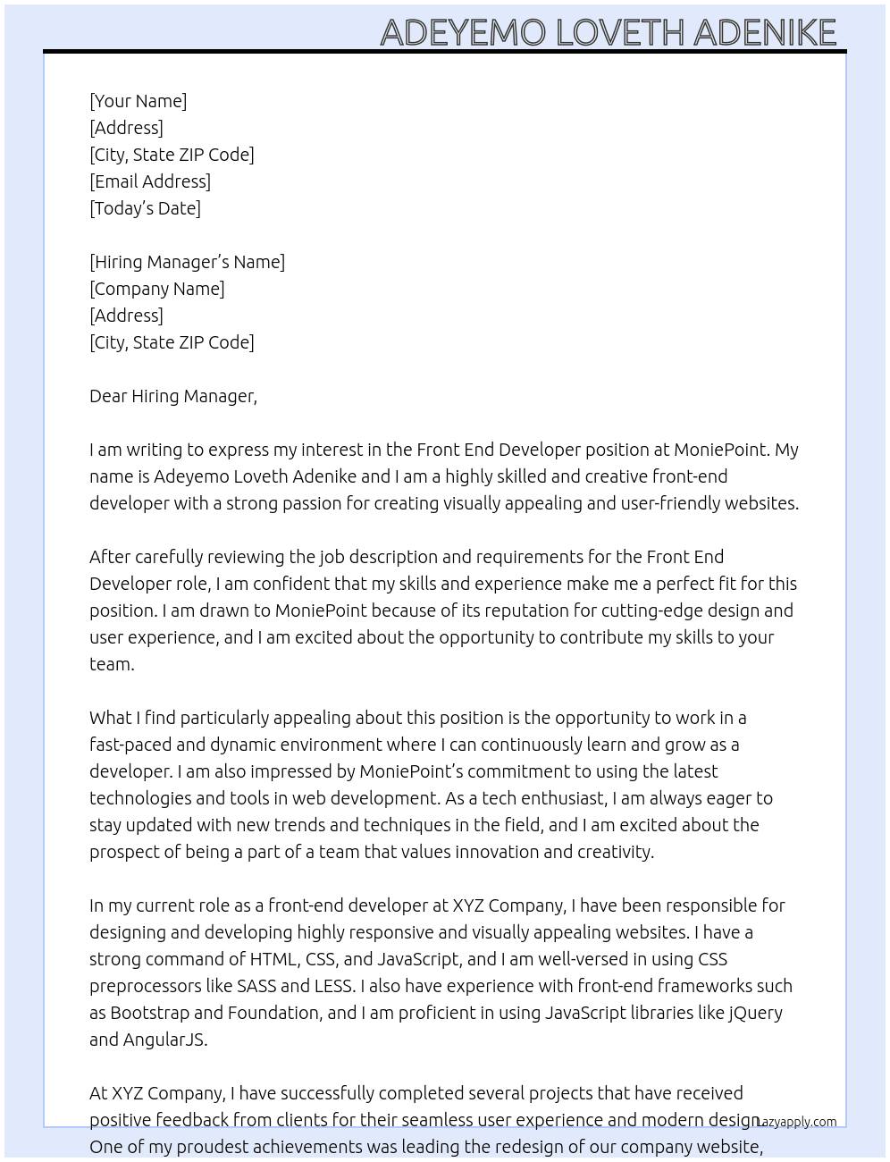 Front end developer  At MoniePoint Cover Letter